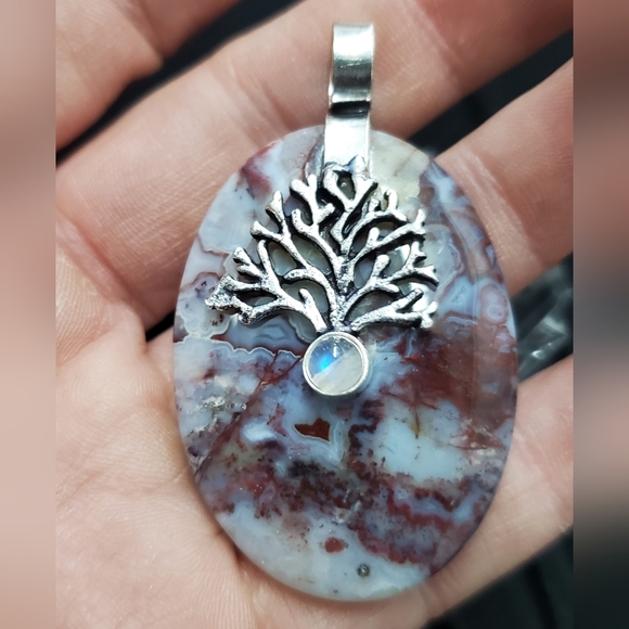 New Seam Agate and Rainbow Moonstone 925 Silver Pendant. - Picture 5 of 14